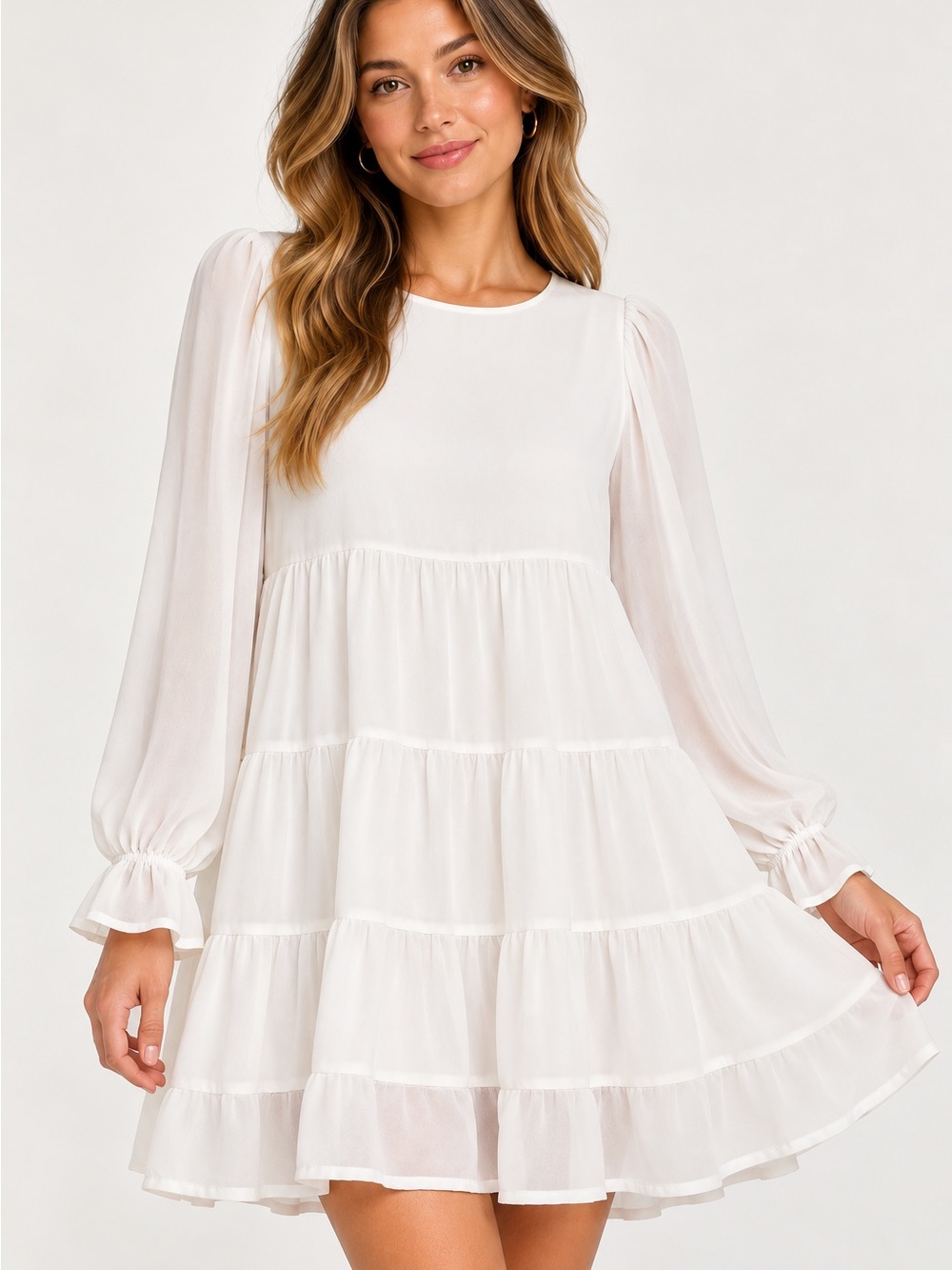 Altar’d State White Tiered Babydoll Mini Dress XS Long Sleeve